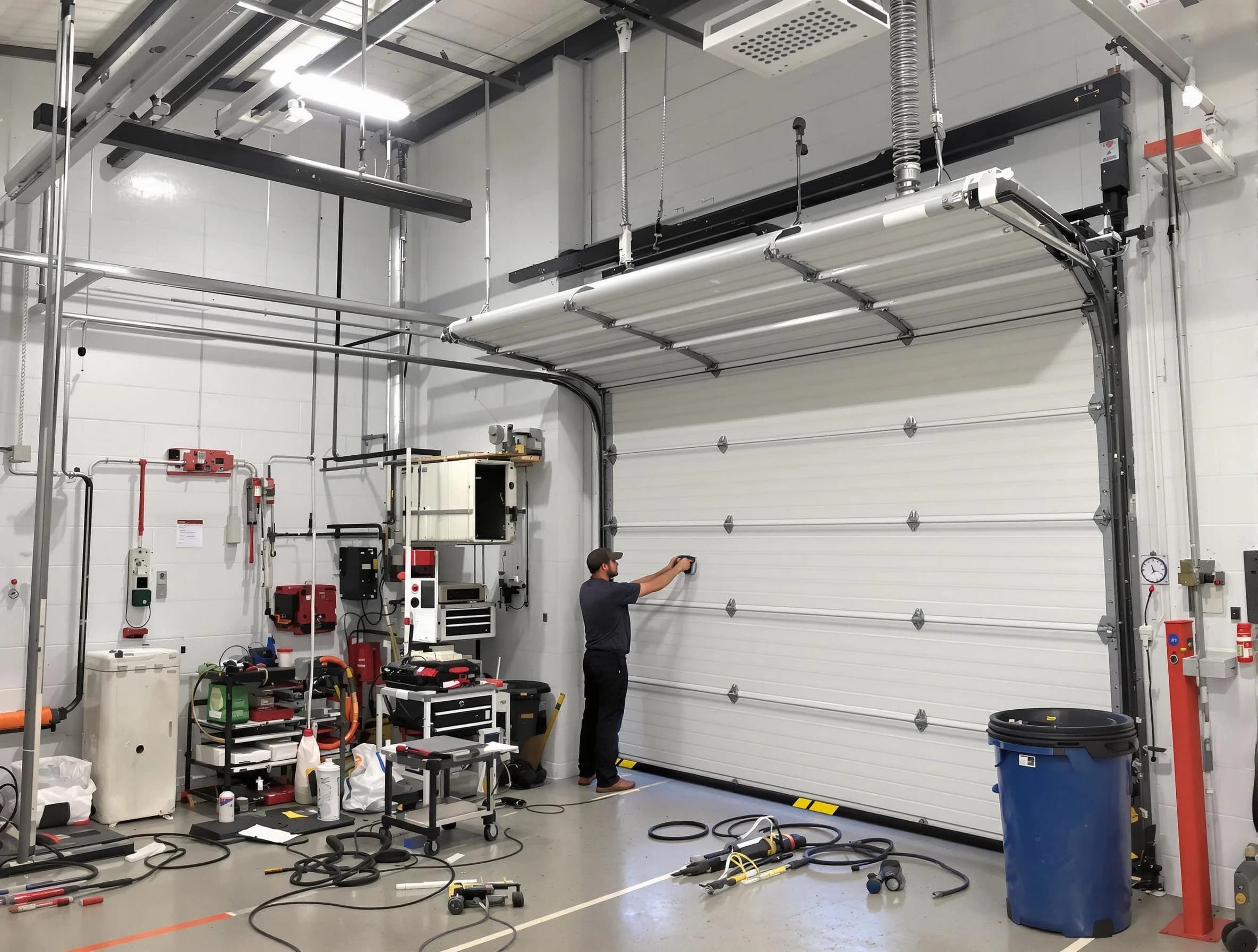 Hooper Garage Door Repair certified technician performing commercial door repair at a Hooper business facility