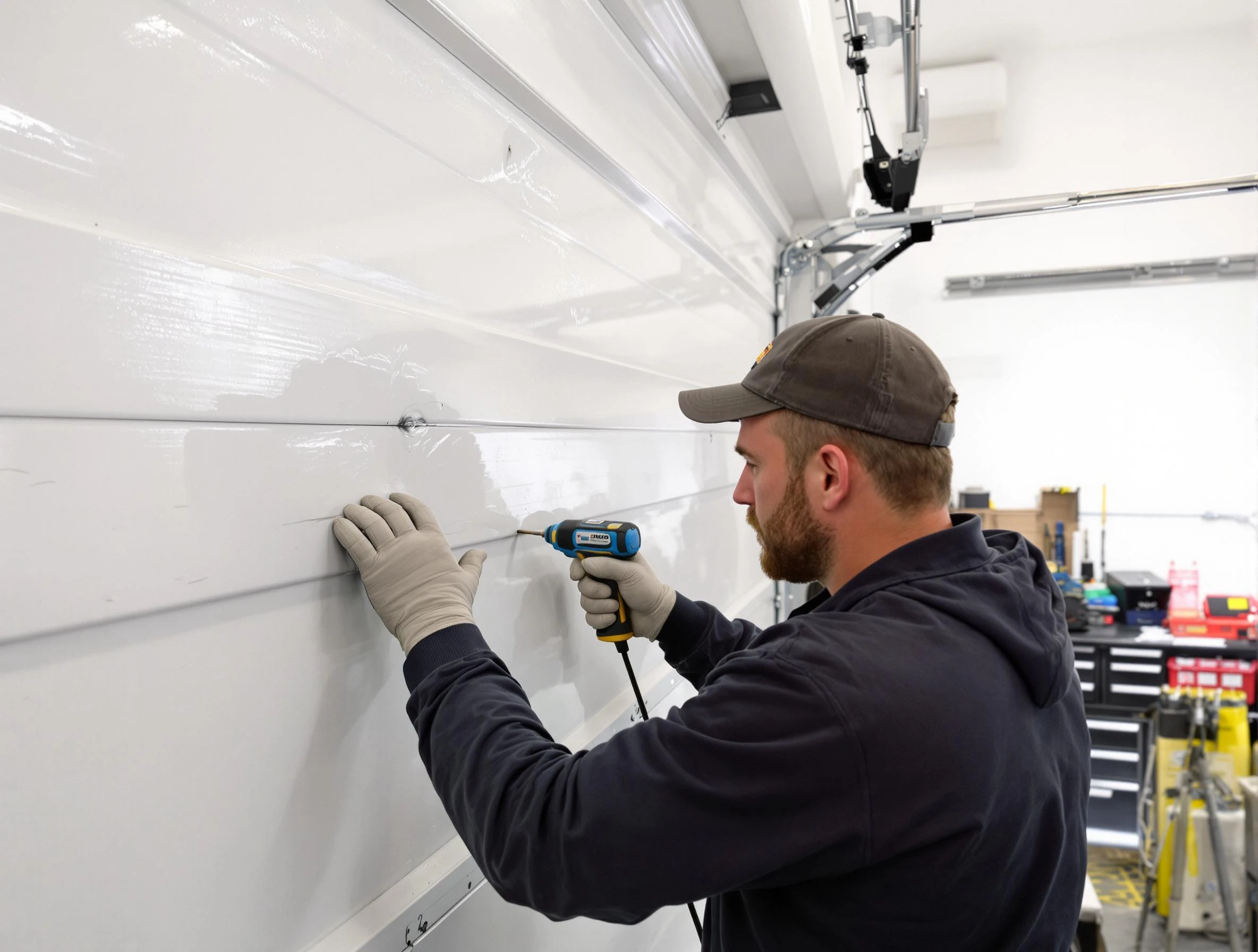 Hooper Garage Door Repair technician demonstrating precision dent removal techniques on a Hooper garage door